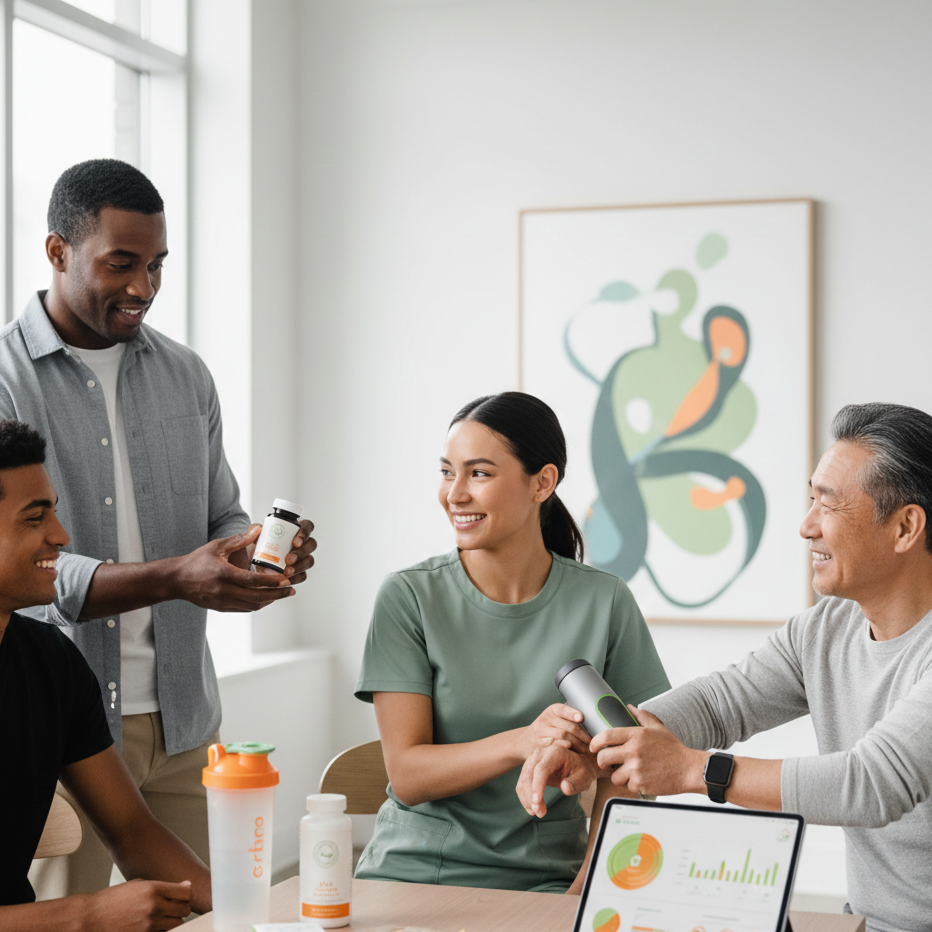 Group chatting over supplements and a tablet in a wellness room